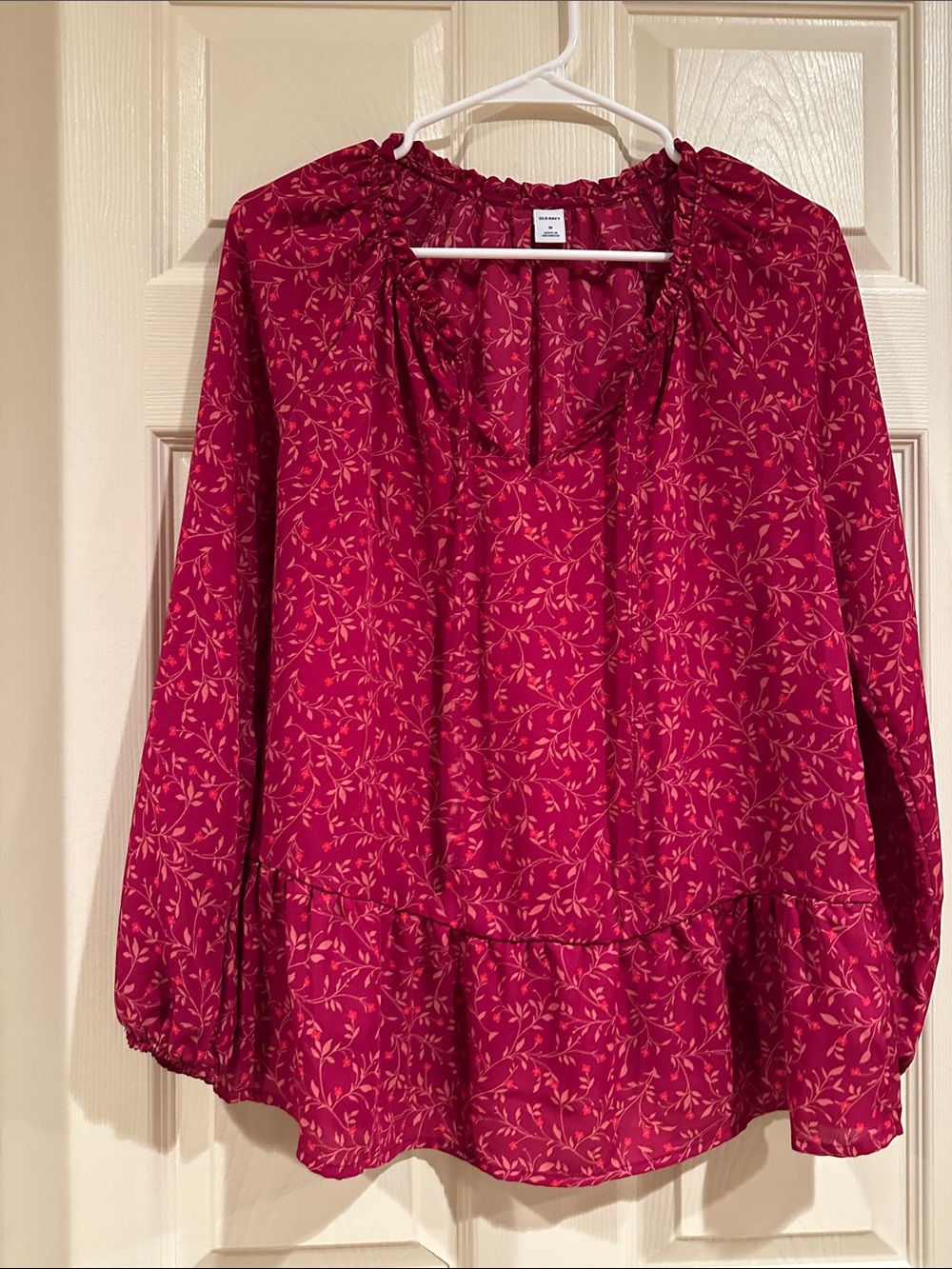 Old Navy Raspberry Floral Tie-Neck Peasant Blouse